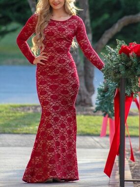 Windsor Burgundy Lace Long-Sleeve Mermaid Gown
